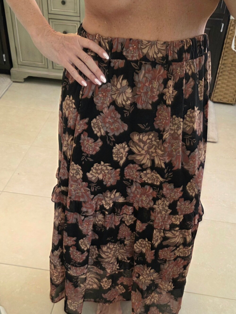 Veronica M Black Chiffon Maxi Skirt with Dusty Pink and Tan Floral Print